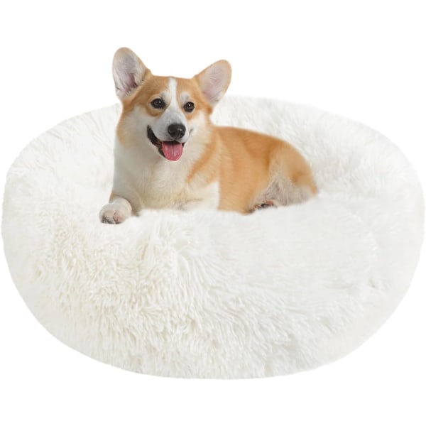 Calming Dog Cat Donut Bed - 23,6 tommer fluffy plys hvalpe killing cuddler rund seng, varm og blød kæledyr Hyggelige anti-angst senge med skridsikker bund og White 60.00 x 60.00 x 20.00 cm (L x W x H)