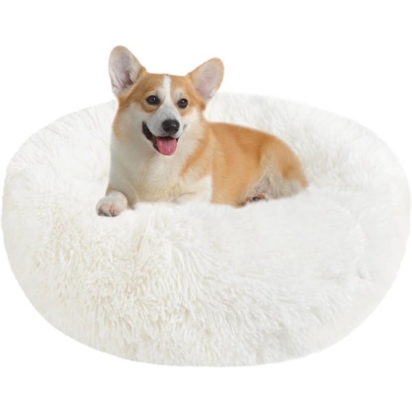 Calming Dog Cat Donut Bed - 23.6in Fluffy Plush Puppy Kitten Cuddler Round Bed, Warm and Soft Pet Cosy Anti Anxiety Beds with Non-Slip Bottom and