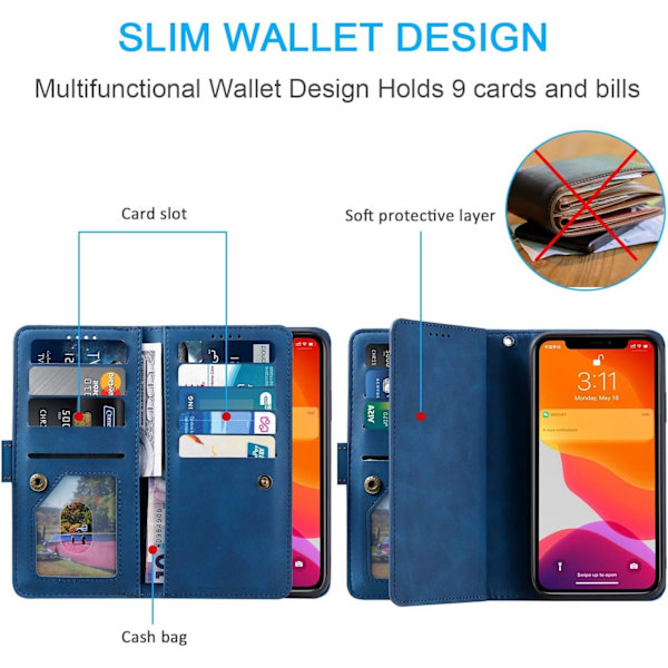 Plånboksfodral för iPhone 15 6,1 tum, Retro 9 kortfack Dragkedja Handväska Fodral PU Läder Magnetisk Stängning Stativ med handledsrem TP Blue iPhone 15 6.1 inch