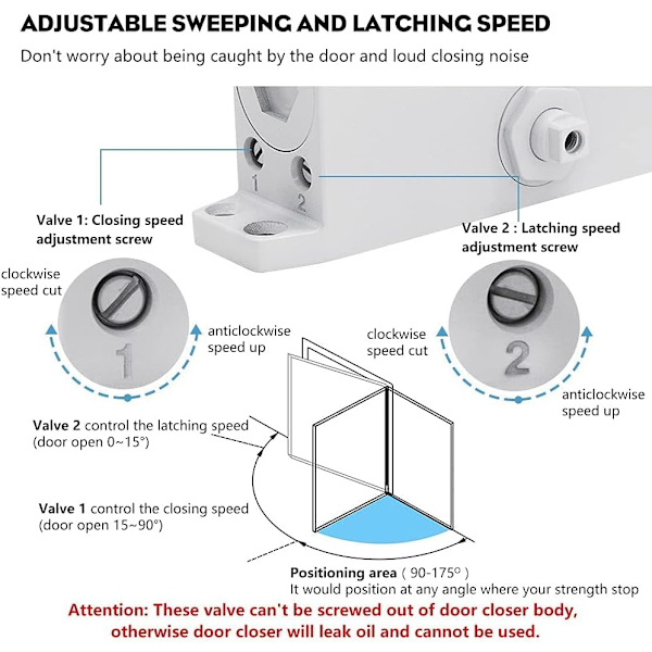 Hydraulisk dørlukker med fjær med hold-åpen funksjon, myk lukking, størrelse 2, med automatisk justerbar arm, egnet for kommersielle og private dører med vekt på 25-45 kg White With Hold Open