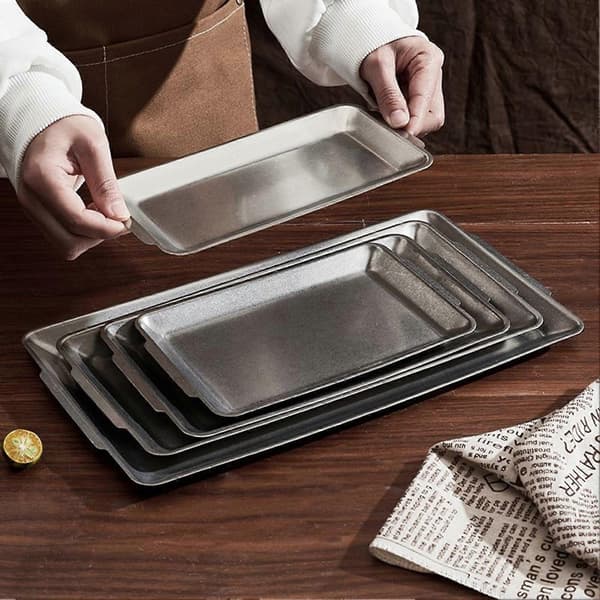 Vintage bakke i rustfrit stål – Retro industriel grillfad – til servering derhjemme og camping M