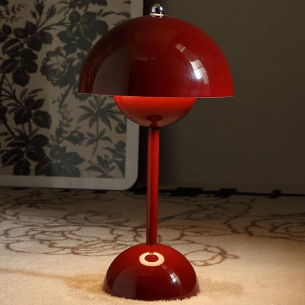Moderne blomsterpot trådløs bordlampe, trådløs mid century lampe, søt batteri sopp bordlampe, liten lampe for nattbord, dimbar touch soverom la Red
