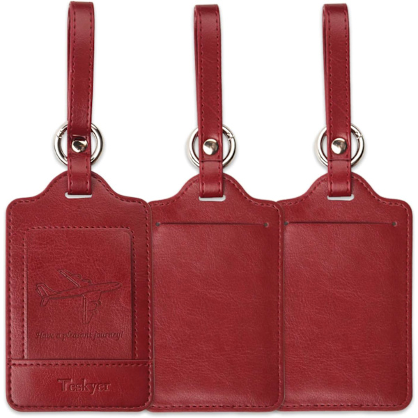 3 kappaleen matkalaukkutagit, PU-nahkaiset matkalaukkutagit matkalaukuille, matkalaukkujen nimikyltit nimikortilla, huomattavat, kestävät, matkatarvikkeet, Wine Red 2.7 x 4.2 Inch/6.8 x 10.7 cm