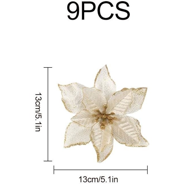 Juleglitterblomster, 9 stk. Julestjerneblomster Kunstige Blomster Juletræspynt Dekorationer 13 cm Guld Julekranse til nytår Jul