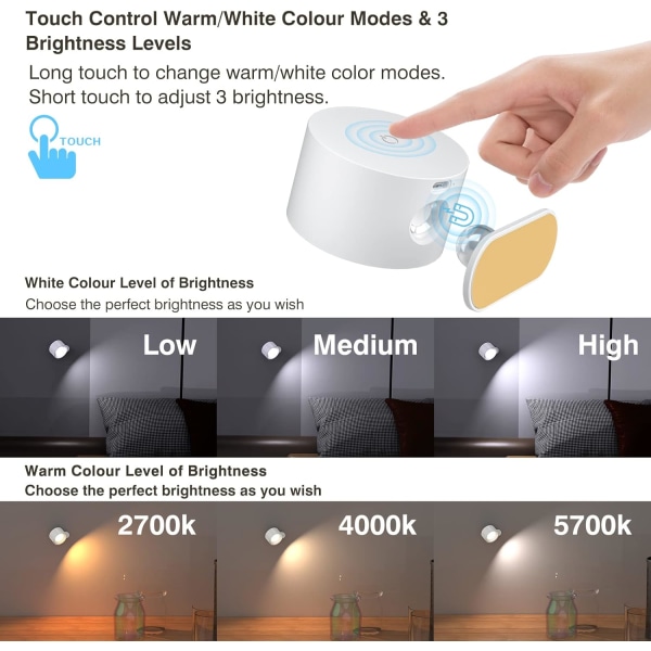 LED-vegglamper med USB-ladeport 1 stk. leselampe, dimbar berøringskontroll 3 lysstyrkenivåer veggspotter 360° fri rotasjon \20 White