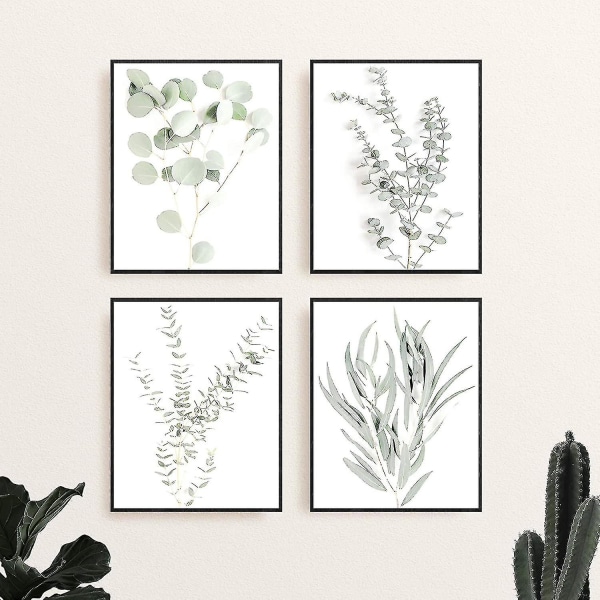 Botaniske plantevægkunsttryk - Sæt med 4 plantevægdekorationstryk Blomster køkkenblomstblade Vægkunst Boho Leaf Eucalyptus (uindrammet) (8x10)