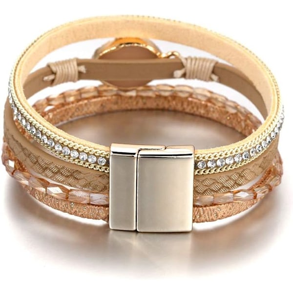 Leopard Armband för Kvinnor, Boho Läder Wrap Flerskikts Pärla Kristall Armband Smycken B17Gold Stone(Short) A7Feather