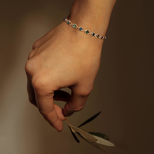 Armband för kvinnor 14K guldpläterad delikat kedja enkelt smycke sött för flickor Evil Eye Zirconia 2 Layer Satellite Chain