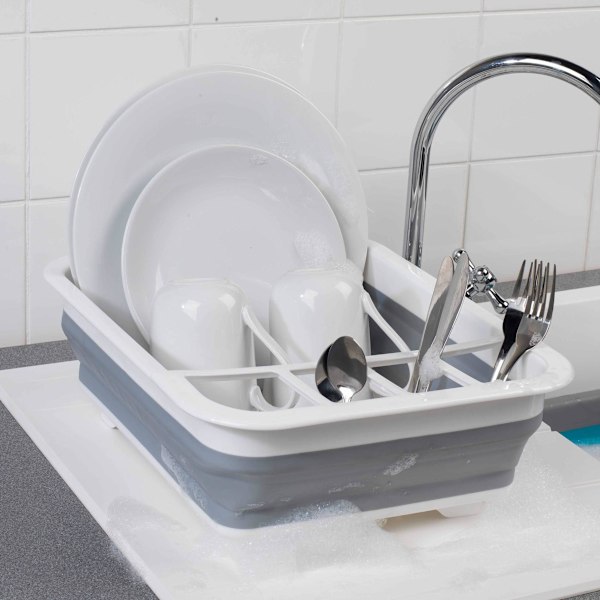 Hopfällbart diskställ - Plastdiskställ för diskho med bestickavdelare, hopfällbar kompakt förvaring, hållbart för tallrikar, koppar, kastruller, stekpannor, platsbesparande