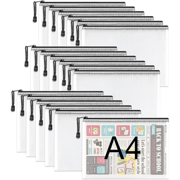A4 Plast Zip-mapper - 18 stk. lynlås-filposer Mesh Zip Lock Dokumentpungholder Rejseopbevaringspose til kontorartikler og rejsetilbehør Black  18 PCS A4