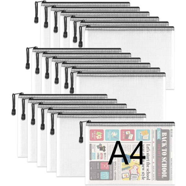 A4 plastlommer med glidelås - 18 stk glidelåsfilposer Mesh glidelås dokumentlommeholder Reiseoppbevaringspose for kontorrekvisita og reisetilbehør Black  18 PCS A4