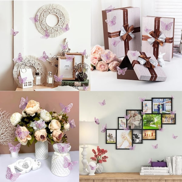 72 kpl perhoskoristeita, 3 kokoa 3 tyyliä, 3D perhosseinäkoriste, perhosjuhlakoristeet, syntymäpäiväkoristeet, perhoset askarteluun 72 Pcs, Lavender