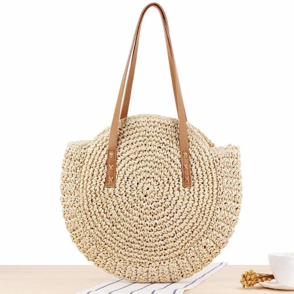Håndlaget Rund Sommer Veske i Strå for Kvinner, Rattan Strandveske Stor Casual Veske med Glidelås for Boho Stil Reise, Dates og Ferier, beige