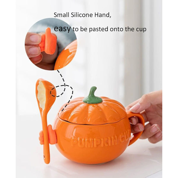 YBK Tech Søt Gresskar Kopp, Keramisk Kaffe Krus, 8.5oz Te Kopp med Lokk (Kopp+ Skje+ Silikon Hånd (Skrell og Lim)) Orange 250ml Cup& Spoon& Hand