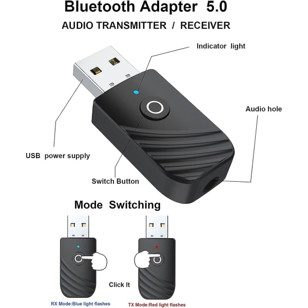 Bluetooth USB-adapter, 5.0 trådløs USB 3-i-1 sender og modtager, med 3,5 mm jack Bluetooth Aux bilradio sender fungerer til bil/tv/pc/lyd