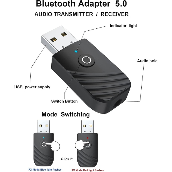 Bluetooth USB-adapter, 5.0 trådløs usb 3-i-1-sender og mottaker, med 3,5 mm jack Bluetooth Aux-bilradiosender fungerer for bil/tv/pc/lyd