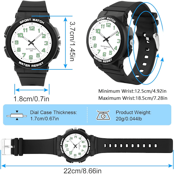 Børneure til teenagere, drenge, analogt ur, 5ATM vandtæt med baggrundsbelysning, letlæseligt ur til børn og teenagere 5-16 Black&White