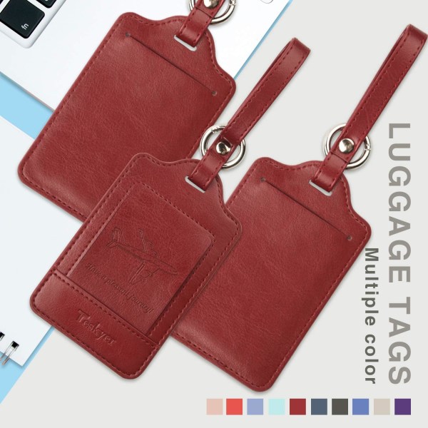 Pakke med 3 bagasjelapper, PU-lær bagasjelapper for kofferter, bagasjelapper med navne-ID-kort, merkbar, holdbar, reisetilbehør, Wine Red 2.7 x 4.2 inch/6.8 x 10.7 cm