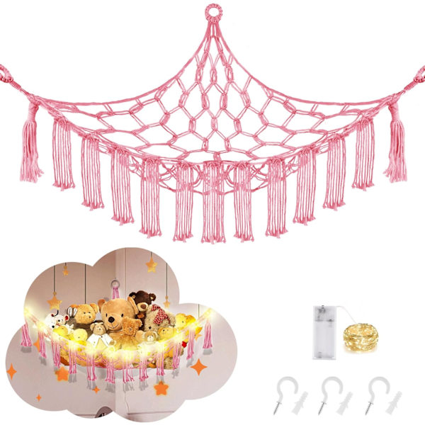 Eläinriipukko LED-valolla, leluverkko täytettyjen eläinten säilytykseen, lastenhuoneen sisustukseen, täytettyjen eläinten riippumatonurkkaus, vaaleanpunainen Pink Large(Package of 1)