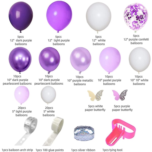 124 st Lila ballonger Garland Arch Kit Vit lila konfetti latex metalliska ballonger med pappersfjäril