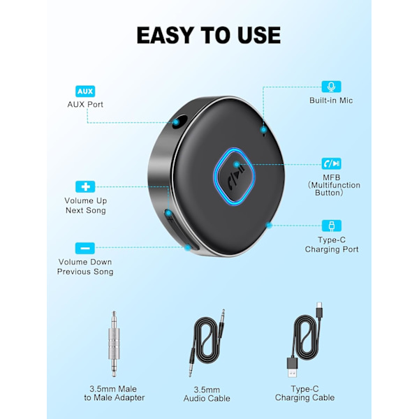 Bluetooth 3.5 mm AUX-adapter för bil, Mini Bluetooth 5.3-bilförstärkare för stereo/högtalare/trådbundna hörlurar, Bluetooth-bilsadapter AUX, handsfree Grey
