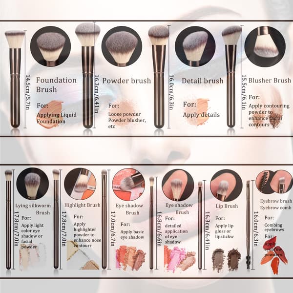 Sæt med 10 sorte og brune makeup-pensler – Træskafter og bløde syntetiske børstehår.