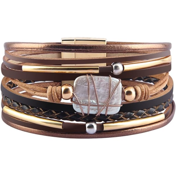 Leopardarmband för kvinnor, Boho Läderomslag Flerlagers pärlor Kristallarmband Armband Smycken A3Brown Leather(Pearl) A7Feather