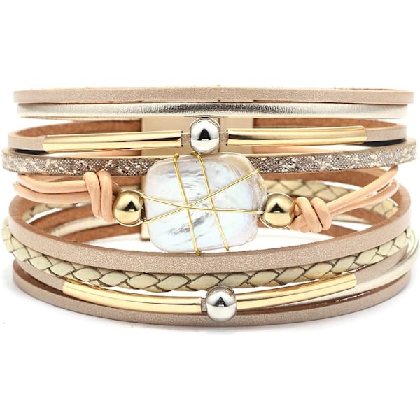 Leopard Armbånd til Kvinder, Boho Læder Wrap Multi-Layer Perle Krystal Armbånd Smykker A4Gold Leather(Pearl) A7Feather