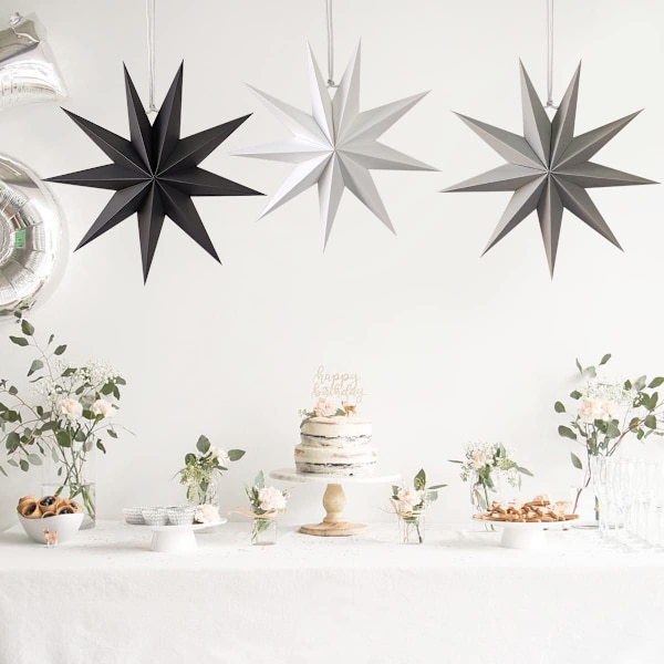 12 tommer 19D 9-spidset stjerne papir lanterne vægophæng til bryllup fødselsdag babyværelse dekorationer festartikler White/Black/Gray