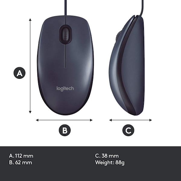 B100 kablet USB-mus, 3 knapper, optisk sporing, ambidextrous PC / Mac / bærbar PC - svart