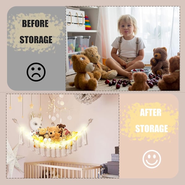Eläinhamaka LED-valolla, leluhamaka pehmolelujen säilytykseen, lastenhuoneen sisustukseen, pehmolelujen hamaka nurkkaan, valkoinen White Large(Package of 1)