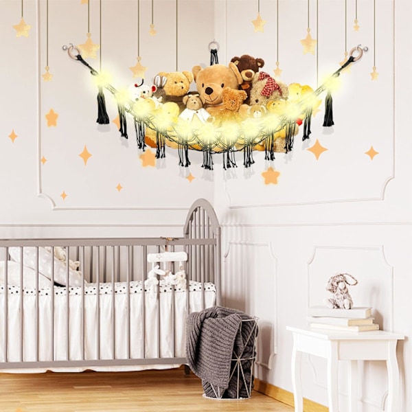 Eläinhamaka LED-valolla, leluhamaka pehmolelujen säilytykseen, lastenhuoneen sisustukseen, pehmolelujen hamaka nurkkaan, musta Black Large(Package of 1)