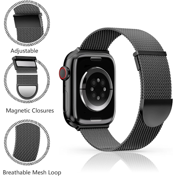 Rem för Apple Watch-remmar 41mm 40mm 38mm för kvinnor och män, dubbelt magnetiskt justerbart ersättningsband för iWatch Series 9 8 SE 7 Black 38/40/41mm