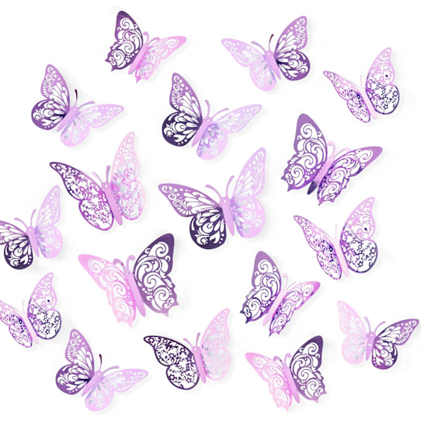 72 kpl perhoskoristeita, 3 kokoa 3 tyyliä, 3D perhosseinäkoriste, perhosjuhlakoristeet, syntymäpäiväkoristeet, perhoset askarteluun 72 Pcs, Lavender