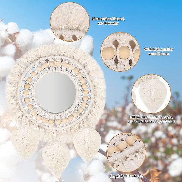 Væg Spejle, Runde Hængende Spejl Med Håndlavet Makrame Frynser, Boho Antik Spejl, Væg Dekoration, Nordisk Spejl, Bomuld Rattan Runde Spejl, Hjem Acce