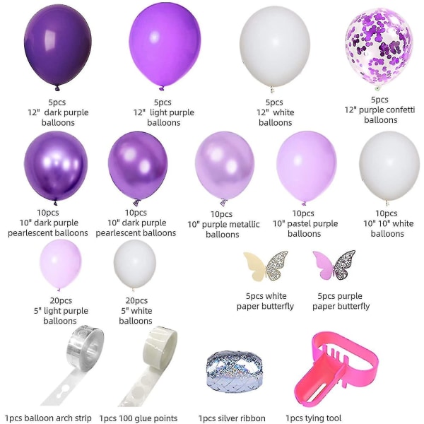 124 kpl Purple Balloons Garland Arch Kit Valkoinen Purppura Konfetti Latex Metallic Ilmapallot