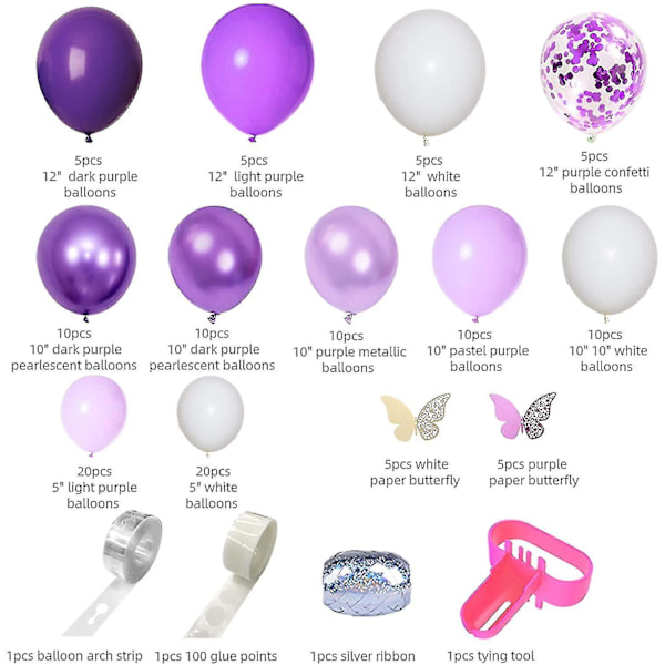 124 stk. lilla ballonbue guirlande sæt hvide lilla konfetti latex metalliske balloner