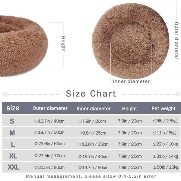 Berigende hundekat donut seng - 15,75 tommer fluffy plys hvalp killing nusser rund seng, varm og blød kæledyr hyggelig anti-angst senge med skridsikker bund a Coffee 40.00 x 40.00 x 13.00 cm (L x W x H)