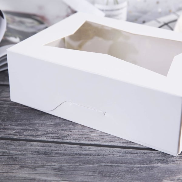 8 tommers hvite kakebokser med vindu, automatisk popup rektangulær bakeriboks for muffins og bakverk, sjokoladedekket jordbær kartong klart lokk Trea White