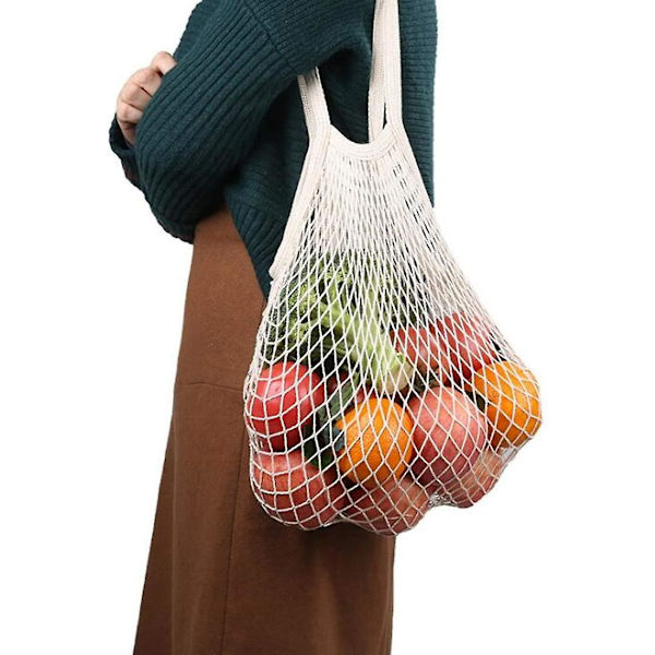 4 stk. bærbare genanvendelige indkøbsnet til frugt og grøntsager, vaskbar bomuldsnetstreng, økologisk arrangør, shoppinghåndtaske, lang håndtagsnetpose