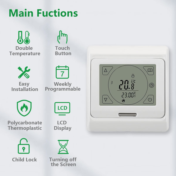 Romtermostater WG809, 7-dagers programmerbar LCD-skjerm Berøringsskjerm 230V 3A for Varmtvannsgulv Hvit