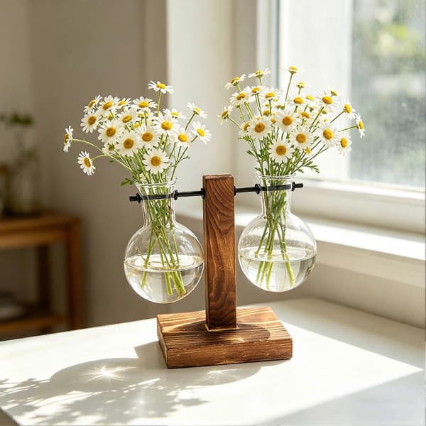 Planteformeringstation - Klar glasvase med træstander - til kontor og have - Hydroponisk B