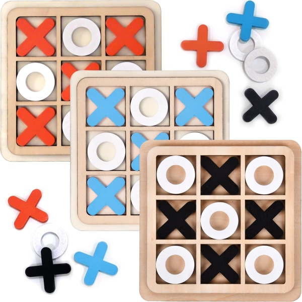 Kryds og bolle spil, Tic Tac Toe spil, brætspil til familier, XO skakbræt spil, klassiske brætspil, voksne interaktive spil træ familie Boar 3 Pcs Orange + Black + Blue