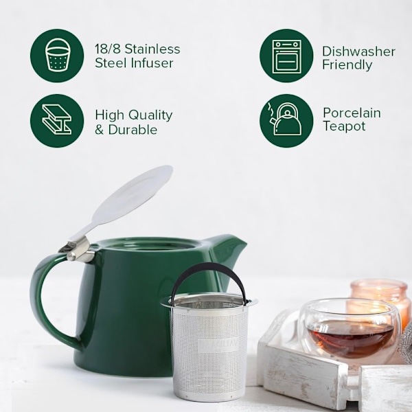 Porslin Te-kanna med Infuser, Sil och Lock | Te-kanna för 2 Personer | Mörkgrön | Te & Kaffe Te-kanna, Te-presentset - 500ml/17 Oz Green