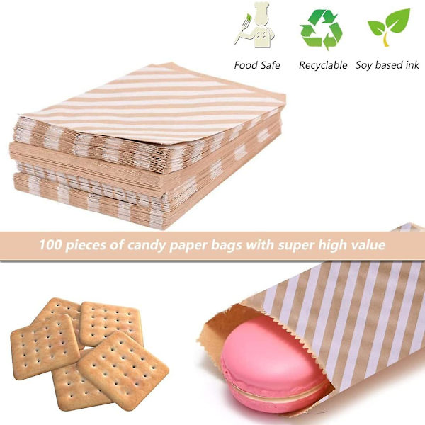 Striber - 100 brune bundkraf papirposer, slikposer, DIY-kraf papirposer, kraftposer, gaveposer af papir til kager, brød, sandwich, gaver