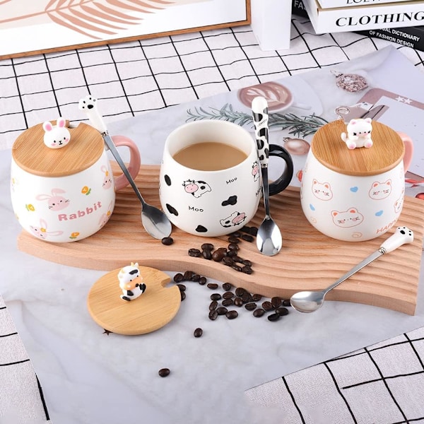 Söt djur kaffemugg med lock och sked, söta kotryckssaker presenter, keramisk tekopp, Kawaii-kopp, tecknad kaffemugg present till kvinnor kontor och Black and White