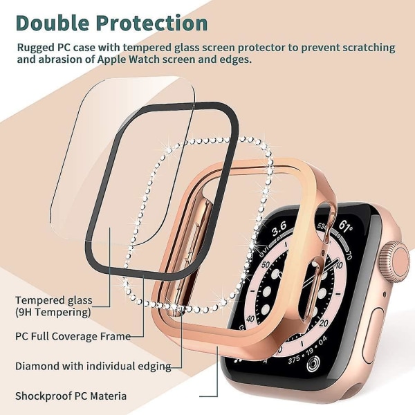 Heytea 2-pak etui kompatibelt med Apple Watch Series 6/5/4 44 mm og Apple Watch Se 44 ​​mm med indbygget skærmbeskytter af hærdet glas, Bling Crystal