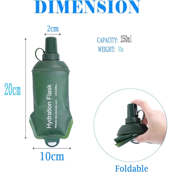 250ML Myk Flask, TPU Foldbar Løpehydreringsflaske, Myk Sammenleggbar Vannflaske for Hydreringspakke Sykling Maraton Løping Fotturer Green 250ml