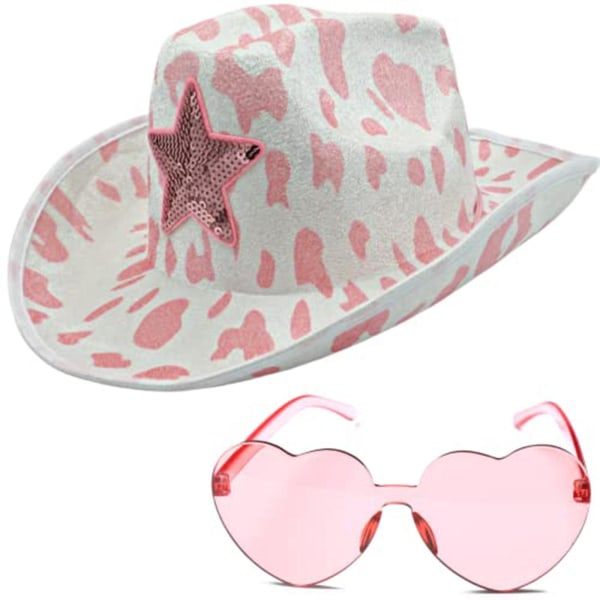 Cowgirlhattar Rosa Cow Print Cowboyhatt med hjärtformade solglasögon,vuxen cowboyhatt för kostymfest