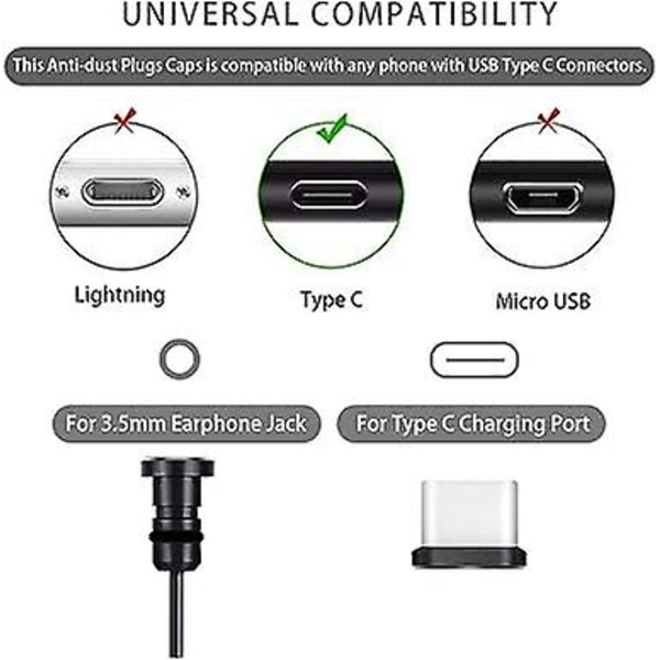 2 par telefonstøvpropper, støvdeksel for USB-C-kontakt og 3,5 mm jack, plugg og beskytt for Galaxy S10/s9/s8, Huawei P9/p10/p20, Nexus 5x/6p